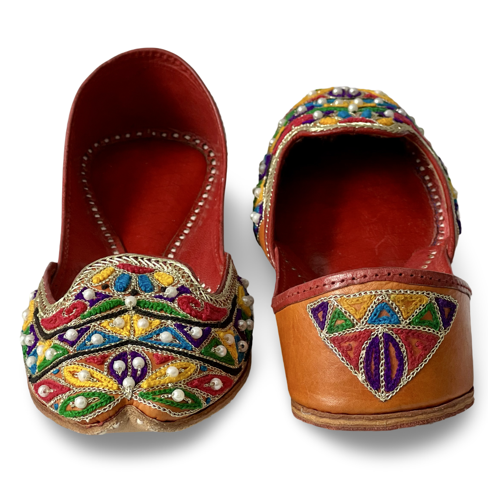 pha || women's traditional handcrafted leather punjabi jutti, multicolour embroidered, pearl beaded juttis, orange juttis