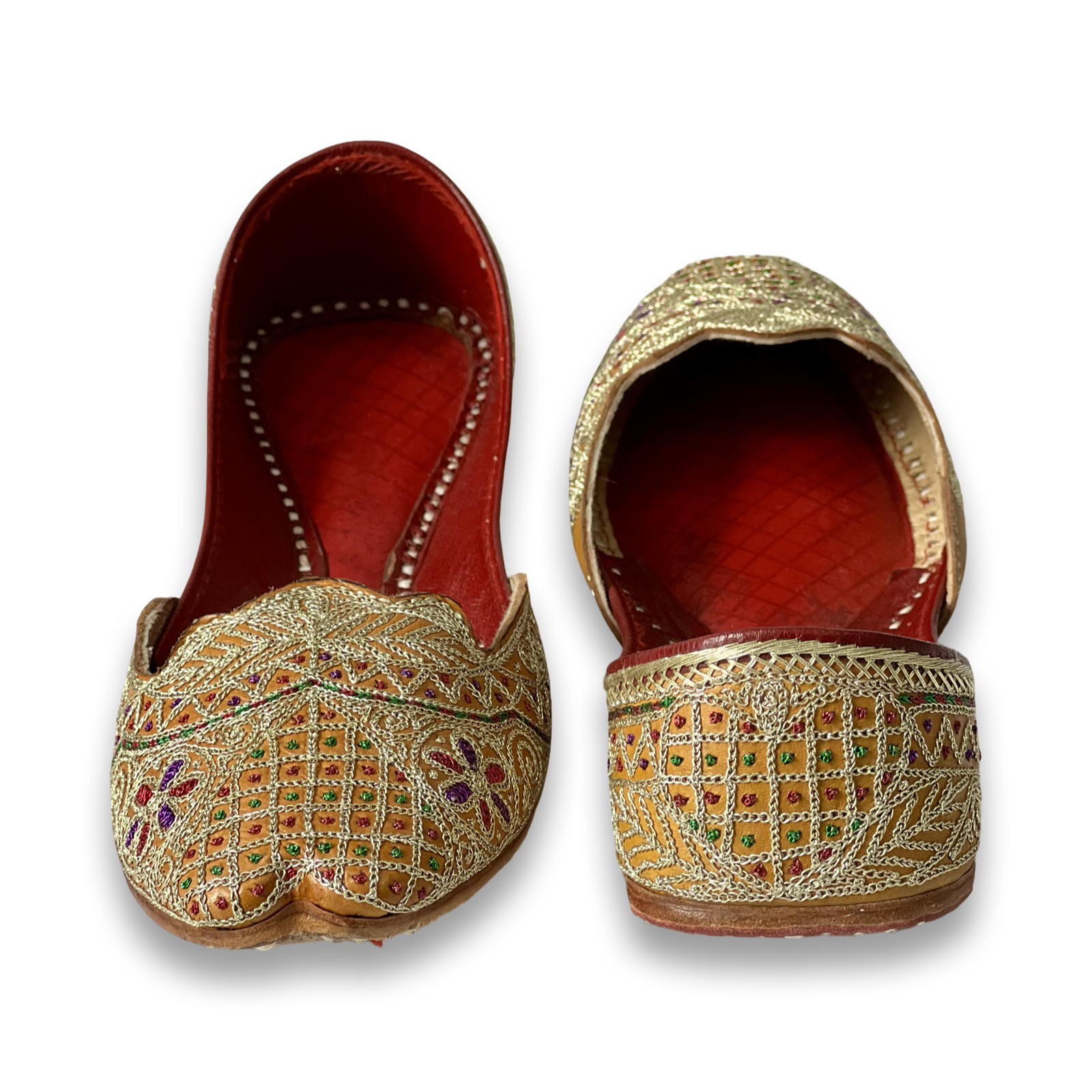 pha || women's traditional handcrafted leather punjabi jutti, gold embroidered, multicolour floral cut design juttis