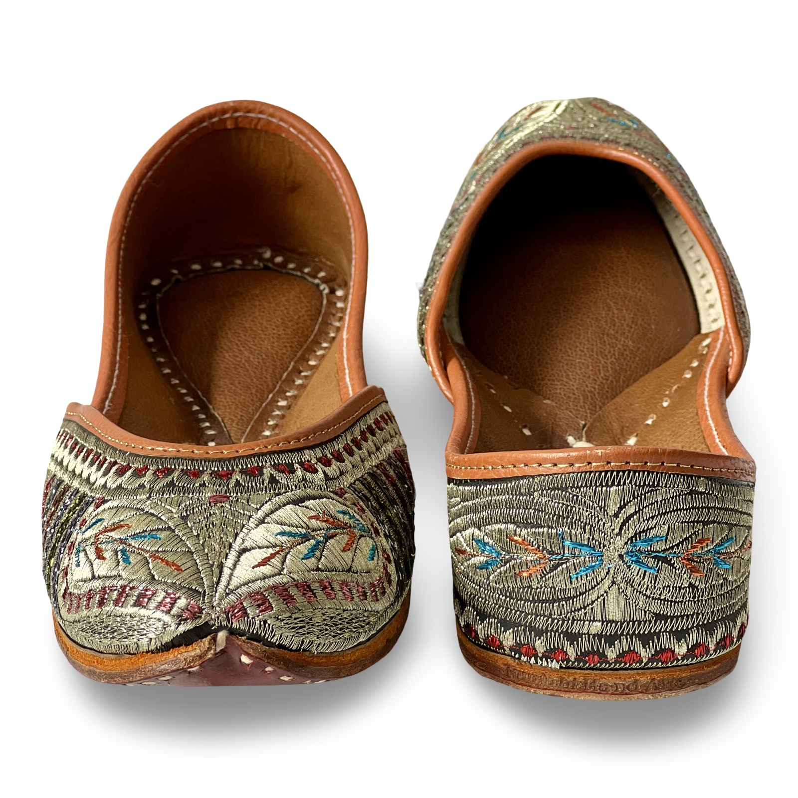 pha || women's traditional embroidered brown leather trim punjabi jutti, multicolour floral pattern jutti