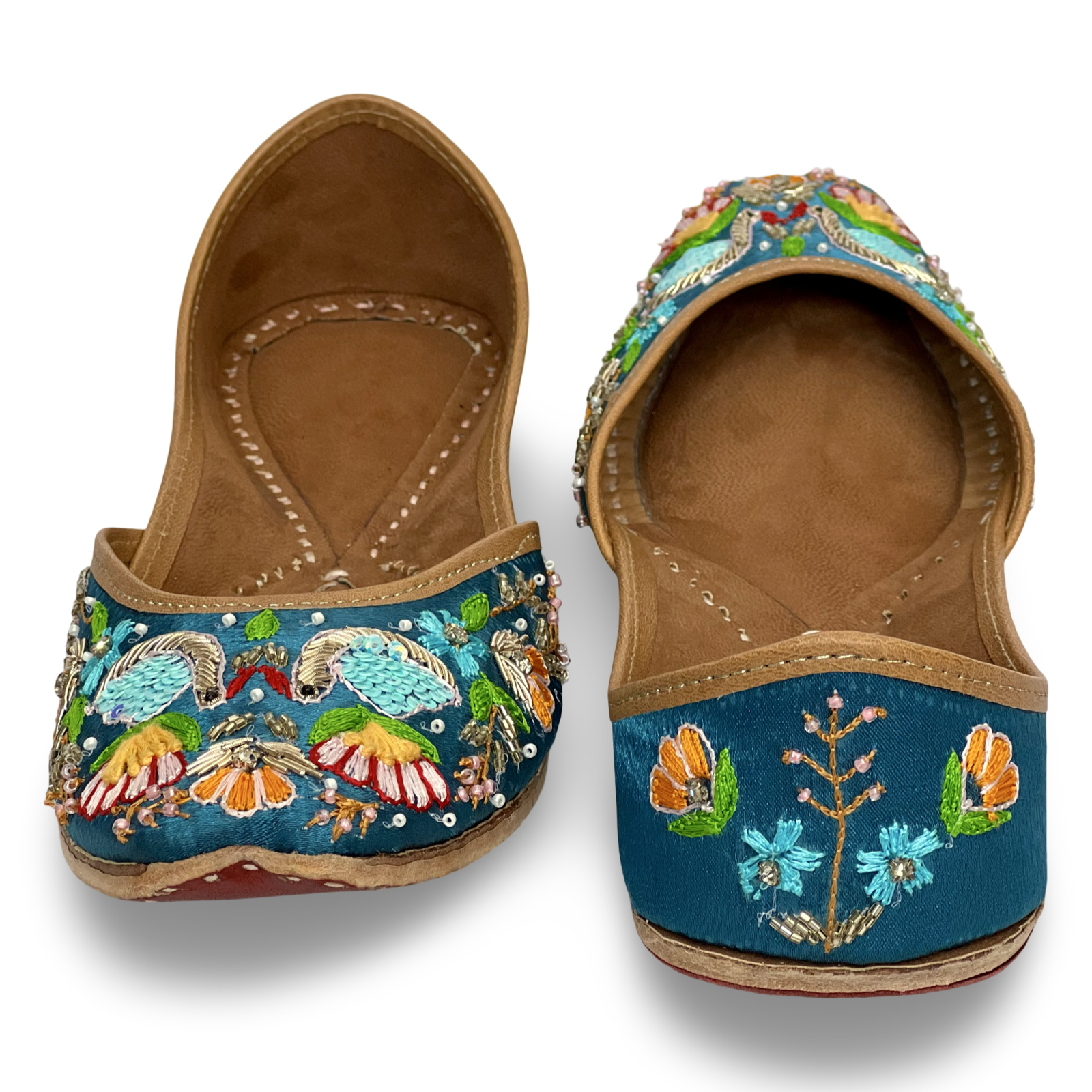 pha || traditional women's floral embroidered punjabi jutti flats, navy blue with multi colour stitching, stylish peacock design jutti